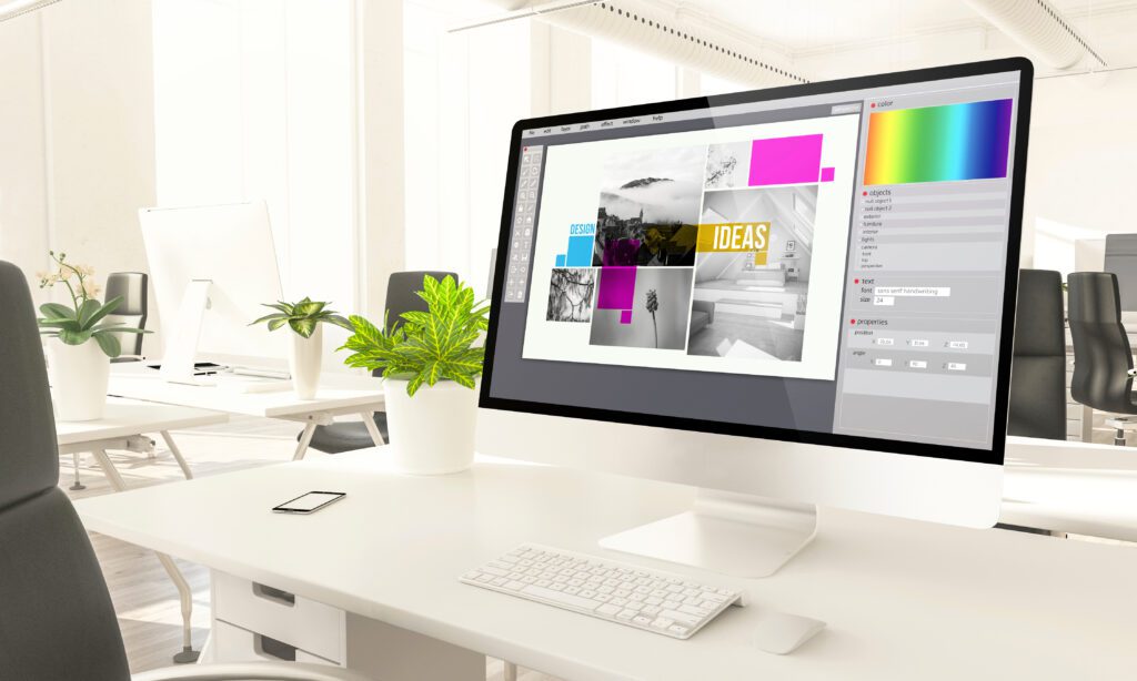 Graphic,Design,Screen,Mockup,Computer,In,Loft,Office,3d,Rendering